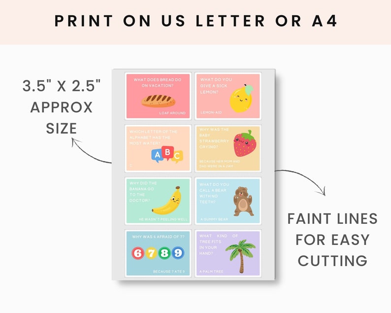 Puede incluir: Un conjunto de 6 tarjetas imprimibles con fondos e ilustraciones coloridos. Cada tarjeta presenta una pregunta y una respuesta relacionadas con una fruta o verdura diferente. Las tarjetas miden aproximadamente 3,5 pulgadas por 2,5 pulgadas y tienen l&iacute;neas tenues para un corte f&aacute;cil.
