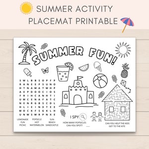Summer Activity Placemat, Summer Party, Kids Activities, Printable Activity, Summer Activities, Kids Placemat, Summer Games, Summer Placemat