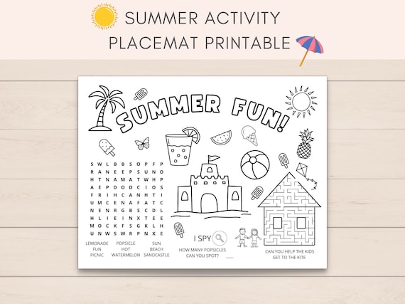 Summer Activity Placemat, Summer Party, Kids Activities, Printable Activity, Summer Activities, Kids Placemat, Summer Games, Summer Placemat