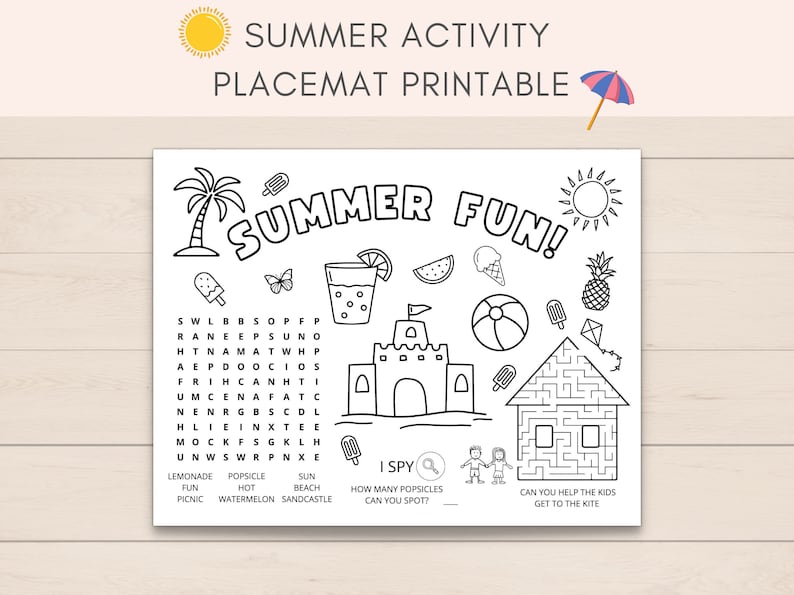 eep your kids entertained this summer with this fun summer activity placemat! Perfect for a summer barbecue, picnic, or family gathering, this placemat features a variety of summer-themed activities and coloring pages.