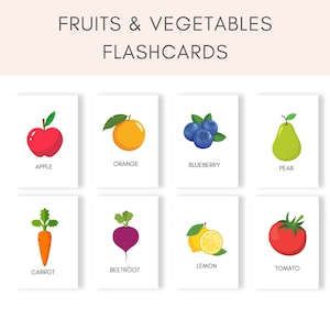Flashcards de fruits et légumes, Flashcards de fruits, Flashcards de légumes, Flashcards imprimables, imprimables d'âge préscolaire, Flashcards pour tout-petits