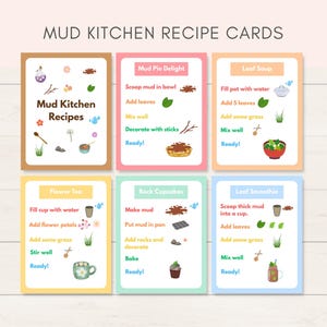 Mud Kitchen Recipe Cards, Mud Kitchen Recipe, Outdoor Mud Kitchen, Potion recipe cards, Outdoor Play Recipe, Pretend Play Kitchen Recipes