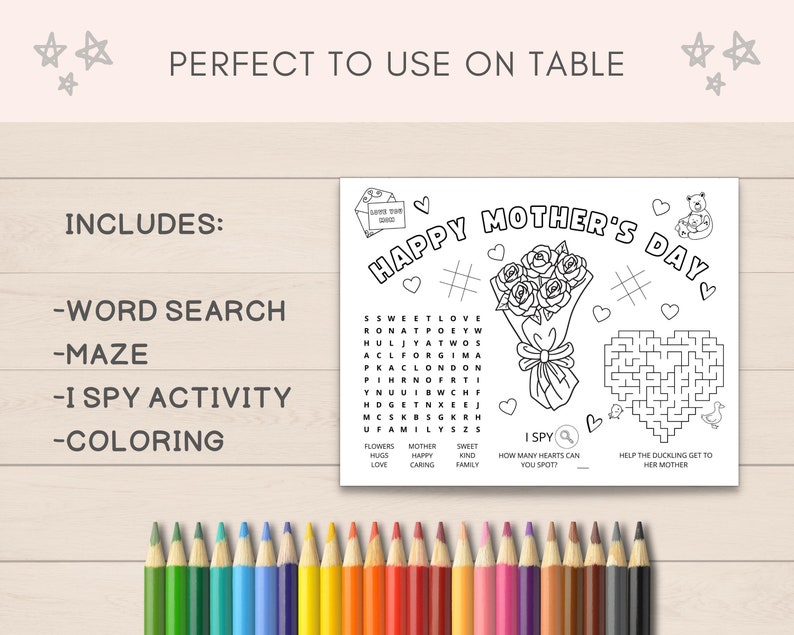 Celebrate Mother's Day with this printable Mother’s Day Activity Placemat for kids! This placemat features fun activities and coloring pages that will keep your child entertained while celebrating their amazing mom.