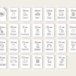 May include: Black and white alphabet flashcards with illustrations of various objects. Each card features a letter, the words "is for", and a picture of an object that starts with that letter. For example, the card for "A" has an apple.