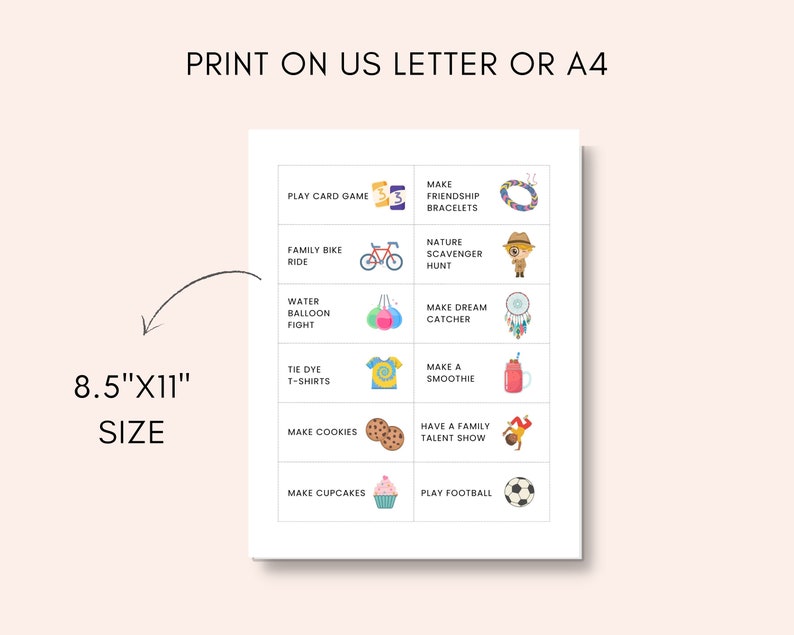 K&ouml;nnte beinhalten: Ein druckbares Blatt im Format 8,5" x 11" mit 10 Ideen f&uuml;r Familienaktivit&auml;ten. Die Ideen beinhalten das Herstellen von Freundschaftsarmb&auml;ndern, das Spielen eines Kartenspiels, eine Schnitzeljagd in der Natur und vieles mehr.