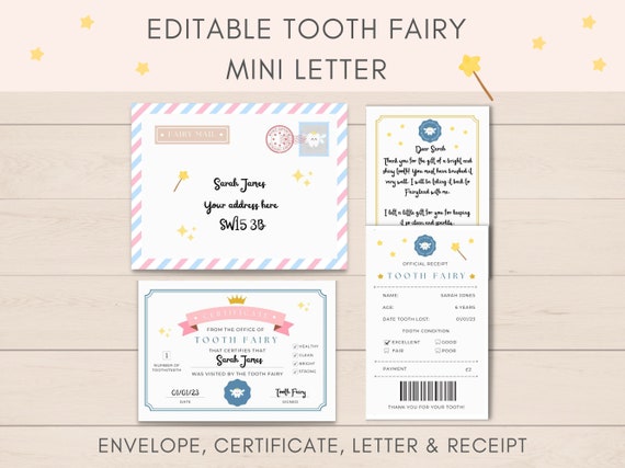 Editable Tooth Fairy Letter, Tooth Fairy Letter, Tooth Fairy Receipt, Tooth Fairy Note, Lost Tooth Keepsake, Tooth Fairy Certificate, PDF