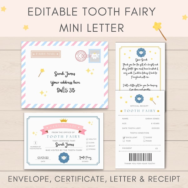 Editable Tooth Fairy Letter, Tooth Fairy Letter, Tooth Fairy Receipt, Tooth Fairy Note, Lost Tooth Keepsake, Tooth Fairy Certificate, PDF