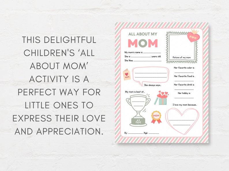 Keep kids engage with this Kids Mothers Day Printable, ‘All About Mom’! This delightful childrens Mom interview activity is a perfect way for little ones to express their love and appreciation.