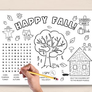 Keep your kids entertained this fall with our fun fall activity placemat! Perfect for a Thanksgiving gatherings, fall parties, or even a cozy afternoon at home. This placemat features a variety of fall activities and coloring pages.