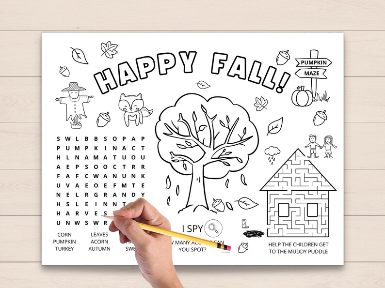 Keep your kids entertained this fall with our fun fall activity placemat! Perfect for a Thanksgiving gatherings, fall parties, or even a cozy afternoon at home. This placemat features a variety of fall activities and coloring pages.