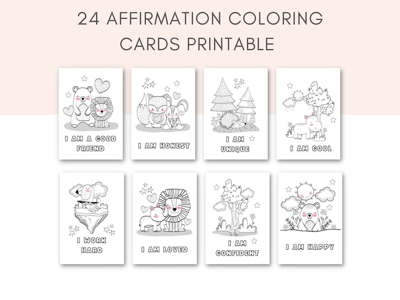 Op de afbeelding: Set van 8 printbare kleurplaten met positieve affirmaties en schattige dierillustraties. Elke kaart bevat een andere affirmatie, zoals "Ik ben een goede vriend" of "Ik ben geliefd", en een zwart-witte illustratie van een dier, zoals een beer, een vos of een leeuw.