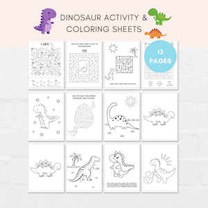 Paquete de actividades de dinosaurios, páginas para colorear de dinosaurios, juegos de dinosaurios, libro de actividades de dinosaurios, juegos para niños, colorear imprimible, actividades de dinosaurios