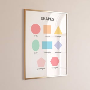 May include: A framed educational poster featuring colorful geometric shapes: circle, square, triangle, oval, rectangle, diamond, pentagon, and hexagon. The word "SHAPES" is at the top. The poster is in a gold frame.