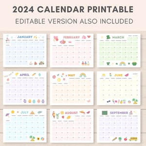 Calendar 2024 Printable, Kids Calendar 2024, Printable Calendar, Editable Calendar, 2024 Calendar, Academic Calendar, Kids Monthly Planner
