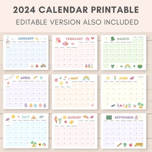 Calendrier 2024 imprimable, calendrier pour enfants 2024, calendrier imprimable, calendrier modifiable, calendrier 2024, calendrier académique, planificateur mensuel pour enfants image 1