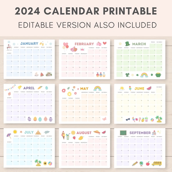 Calendar 2024 Printable, Kids Calendar 2024, Printable Calendar, Editable Calendar, 2024 Calendar, Academic Calendar, Kids Monthly Planner