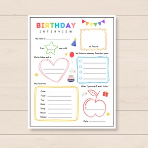 Celebrate your childs special day with this Kids Birthday Interview Printable! This fun and engaging keepsake is the perfect way to capture your little ones favorites, and milestones on their birthday.
