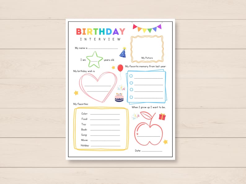 Celebrate your childs special day with this Kids Birthday Interview Printable! This fun and engaging keepsake is the perfect way to capture your little ones favorites, and milestones on their birthday.