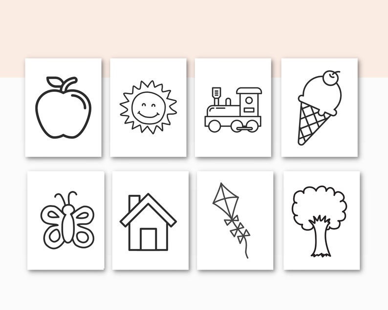 May include: Black and white line drawings of various objects, including an apple, sun, train, ice cream cone, butterfly, house, kite, and tree.