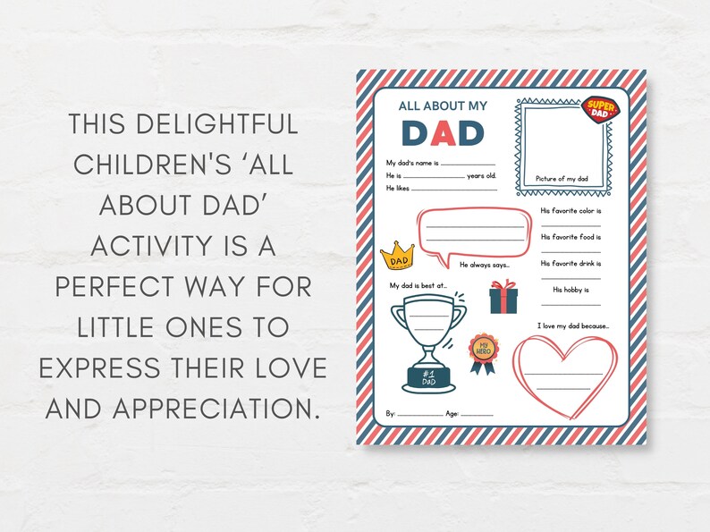 Keep kids engage with this Kids Fathers Day Printable, ‘All About Dad’! This delightful childrens Dad interview activity is a perfect way for little ones to express their love and appreciation.