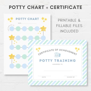 May include: A printable potty training chart and certificate with a blue and green striped background. The chart features a star and the text "You can do it!" The certificate features a cartoon toilet and the text "Certificate of Achievement: Potty Training".