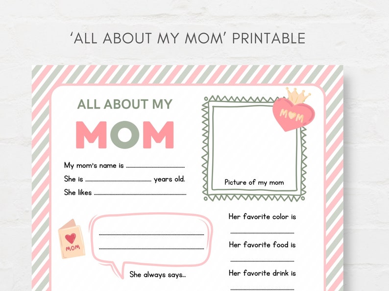 Keep kids engage with this Kids Mothers Day Printable, ‘All About Mom’! This delightful childrens Mom interview activity is a perfect way for little ones to express their love and appreciation.