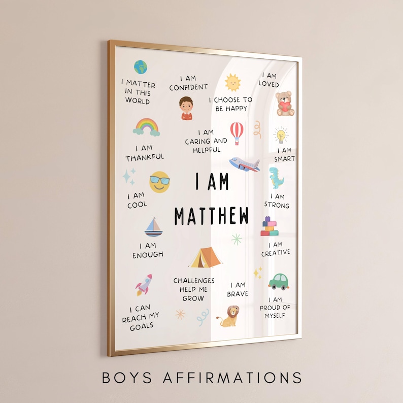 This printable personalised boys affirmation wall art is perfect to encourage kids to see themselves in a positive light.

Practicing positive affirmations helps kids building self esteem and confidence and reduces stress.