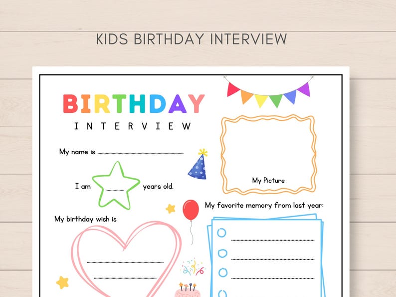 Celebrate your childs special day with this Kids Birthday Interview Printable! This fun and engaging keepsake is the perfect way to capture your little ones favorites, and milestones on their birthday.
