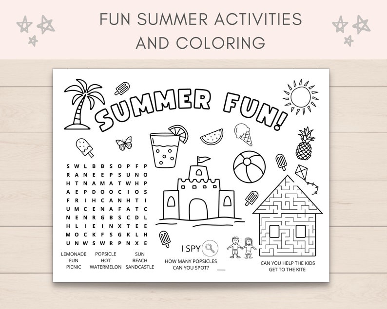 Keep your kids entertained this summer with our fun summer activity placemat! Perfect for a summer barbecue, picnic, or family gathering, this placemat features a variety of summer-themed activities and coloring pages.