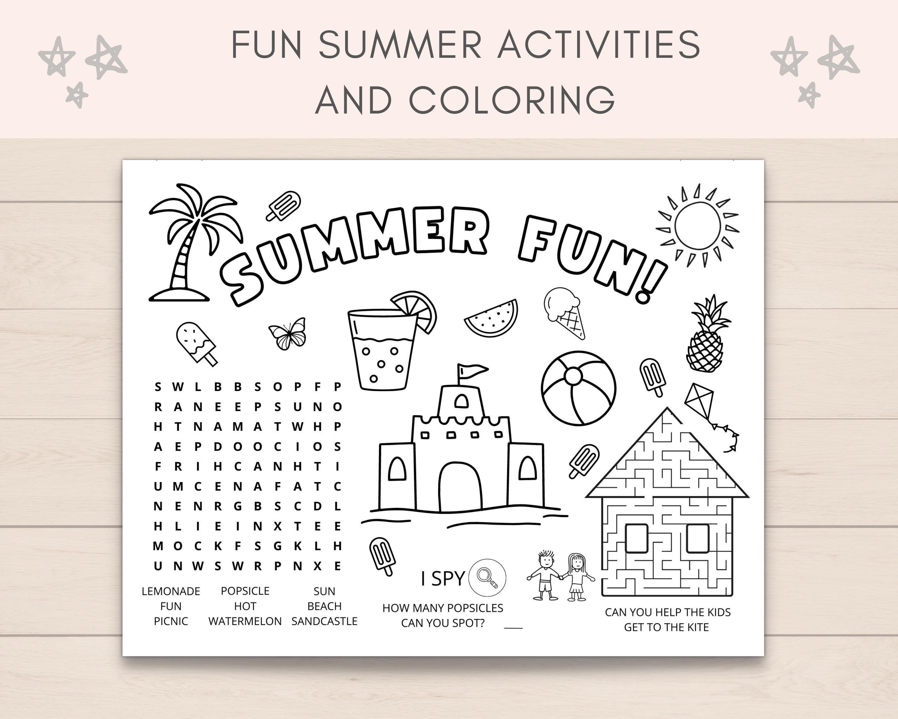 Summer Activity Placemat Summer Party Kids Activities Etsy