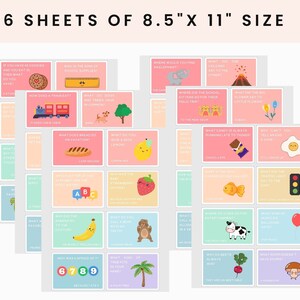 Puede incluir: Seis hojas de tarjetas imprimibles de 8,5 x 11 pulgadas con ilustraciones coloridas y preguntas para ni&ntilde;os. Las tarjetas presentan una variedad de temas, incluyendo animales, comida y objetos cotidianos. Las preguntas est&aacute;n dise&ntilde;adas para ser divertidas y atractivas para los ni&ntilde;os.