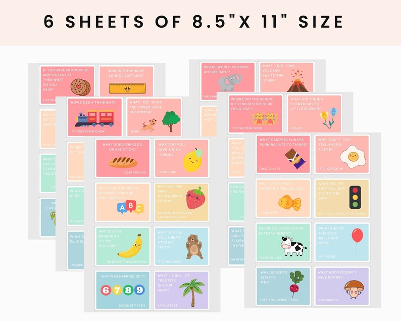 Puede incluir: Seis hojas de tarjetas imprimibles de 8,5 x 11 pulgadas con ilustraciones coloridas y preguntas para ni&ntilde;os. Las tarjetas presentan una variedad de temas, incluyendo animales, comida y objetos cotidianos. Las preguntas est&aacute;n dise&ntilde;adas para ser divertidas y atractivas para los ni&ntilde;os.