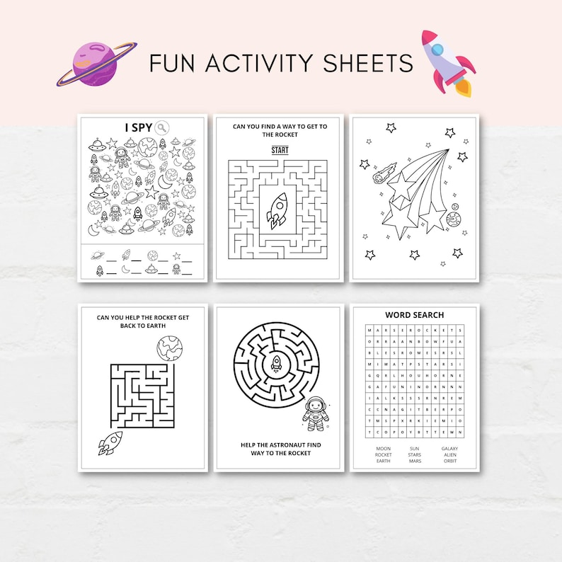 Keep kids busy with this Space Activity Pack, which includes Space activity games and Space coloring sheets. Print as many as you like.