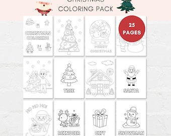 May include: A Christmas coloring pack with 25 pages. The cover features a Santa Claus illustration and the text "CHRISTMAS COLORING PACK". Inside, there are various black and white drawings of Christmas-themed images, including a Christmas tree, Santa, and a snowman.