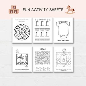 Keep the kids entertained at baby shower with this printable activity pack! This pack includes 10 fun and engaging games as well as 10 beautiful coloring sheets featuring baby shower-themed designs. It can also be used as a party favor.