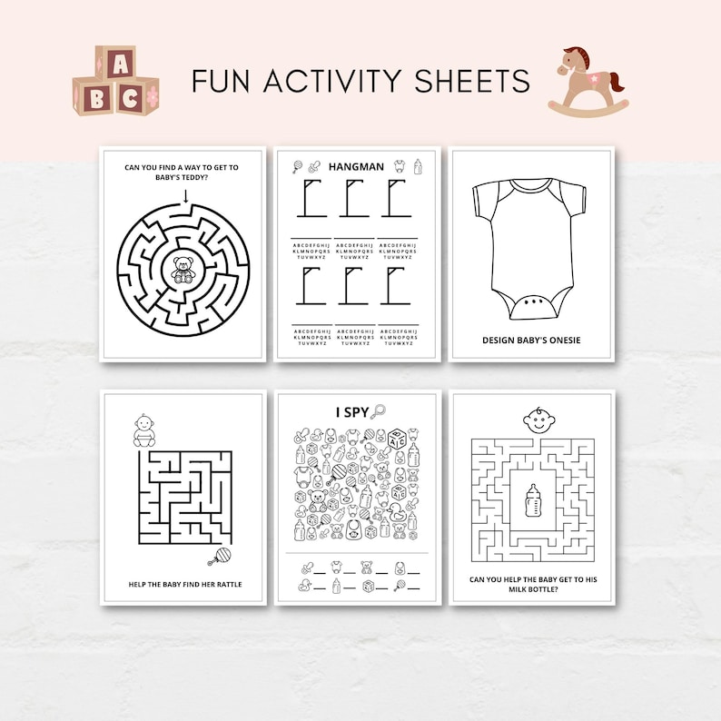 Keep the kids entertained at baby shower with this printable activity pack! This pack includes 10 fun and engaging games as well as 10 beautiful coloring sheets featuring baby shower-themed designs. It can also be used as a party favor.