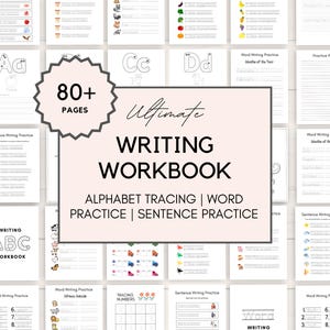 Op de afbeelding: Een printbaar werkboek voor kinderen met meer dan 80 pagina's aan activiteiten voor het traceren van het alfabet, woord oefeningen en het schrijven van zinnen. De omslag toont een kleurrijke illustratie van een schrijf-ABC-werkboek met een stervormig ontwerp en de tekst "Ultimate Writing Workbook".