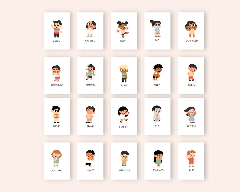 Puede incluir: Un conjunto de 20 tarjetas ilustradas que muestran ni&ntilde;os expresando diferentes emociones. Cada tarjeta tiene una ilustraci&oacute;n colorida de un ni&ntilde;o con una expresi&oacute;n facial diferente y la palabra correspondiente a la emoci&oacute;n impresa debajo. Las emociones incluyen felicidad, preocupaci&oacute;n, tristeza, tonter&iacute;a, confusi&oacute;n, sorpresa, miedo, aburrimiento, cansancio, perd&oacute;n, enfermedad, enojo, valent&iacute;a, llanto, emoci&oacute;n, risa, amor, nerviosismo, verg&uuml;enza y dolor.