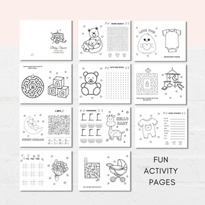 Keep the kids entertained at baby shower with this baby shower activity book! This pack includes 10 fun and engaging games as well as 10 beautiful coloring sheets featuring baby shower-themed designs.