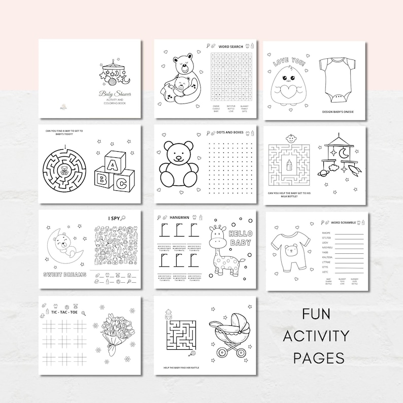Keep the kids entertained at baby shower with this baby shower activity book! This pack includes 10 fun and engaging games as well as 10 beautiful coloring sheets featuring baby shower-themed designs.