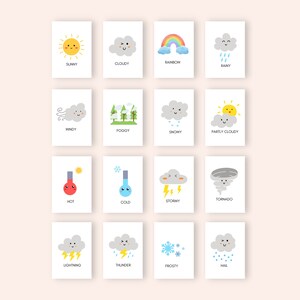 Puede incluir: Un conjunto de 16 tarjetas de clima ilustradas con personajes de dibujos animados lindos. Cada tarjeta tiene una condici&oacute;n clim&aacute;tica diferente, como soleado, nublado, lluvioso, ventoso, brumoso, nevado, parcialmente nublado, caliente, fr&iacute;o, tormentoso, tornado, rel&aacute;mpagos, trueno, helado y granizo.