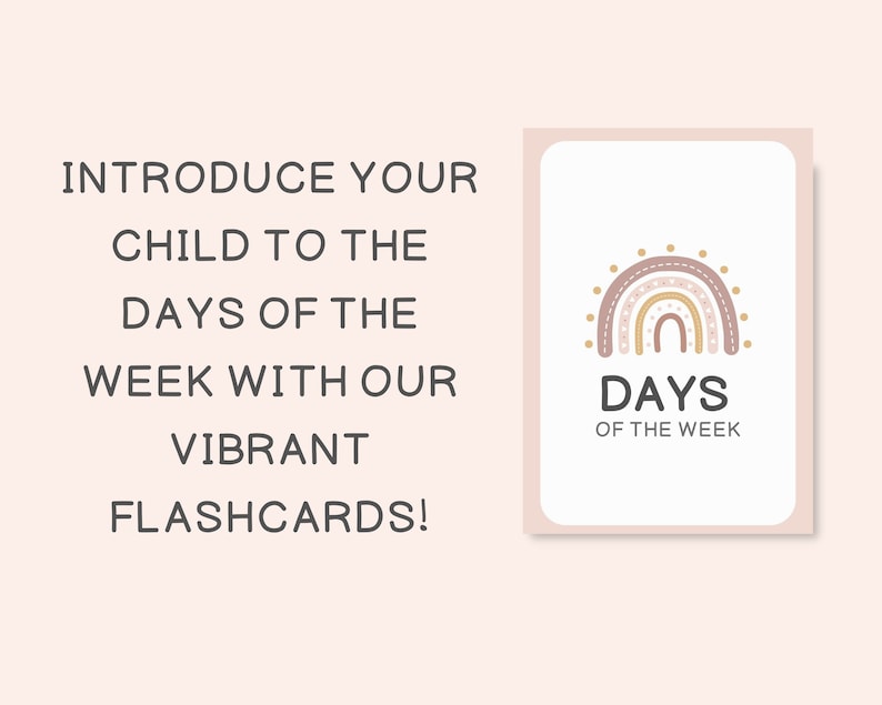 K&ouml;nnte beinhalten: Ein Satz von Lernkarten mit einem Regenbogen-Design und dem Text "Days of the Week". Die Lernkarten sind dazu gedacht, Kindern zu helfen, die Wochentage zu lernen.