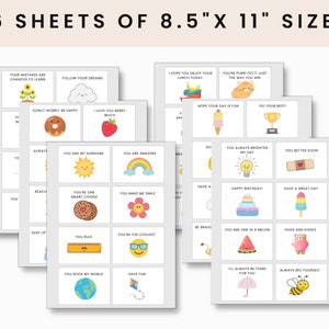 May include: Six sheets of 8.5 x 11 inch printable cards with positive affirmations and cute illustrations. The cards feature a variety of colourful designs, including a donut, a rainbow, a sun, a cookie, a flower, a ruler, a globe, a kite, a lightbulb, a plaster, an ice cream, a watermelon, a bear, an umbrella, and a bee.