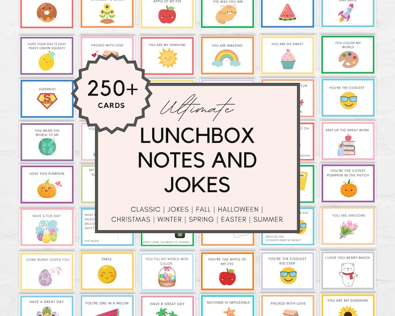 Brighten Up Your Childs Lunch with these fun Lunchbox jokes and notes. This printable bundle includes more than 250 cards.