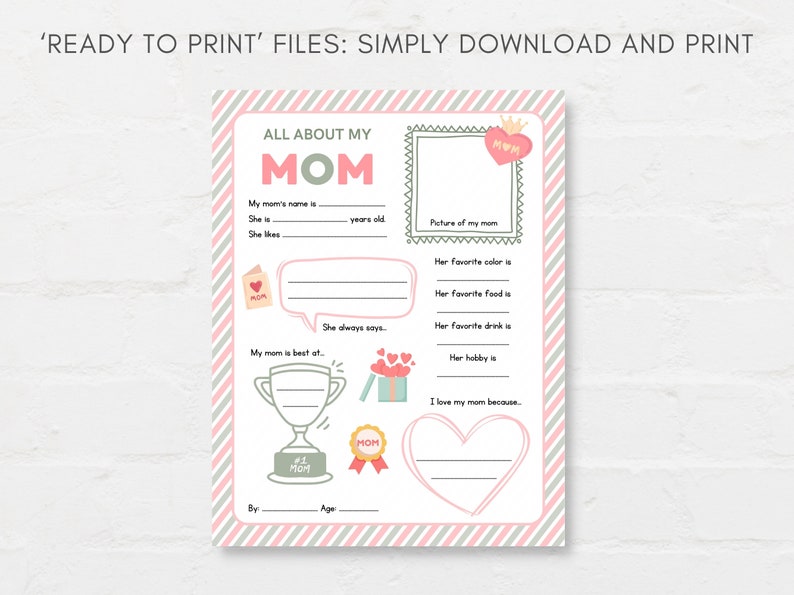 Keep kids engage with this Kids Mothers Day Printable, ‘All About Mom’! This delightful childrens Mom interview activity is a perfect way for little ones to express their love and appreciation.