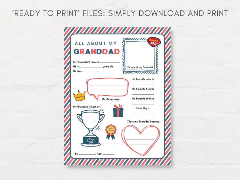 Keep kids engage with this Kids Fathers Day Printable, ‘All About Granddad’! This delightful childrens grandad interview activity is a perfect way for little ones to express their love and appreciation.
