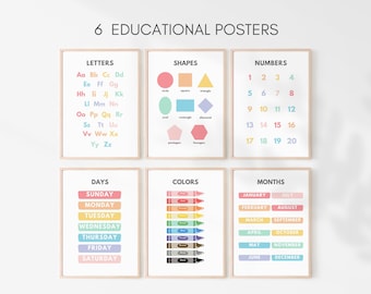 Educational Posters Set of 6, Kids Educational Posters, Kids Wall Art, ABC Alphabet Numbers 123, Shapes Colors, Kids Decor, Kids Prints