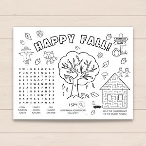 Keep your kids entertained this fall with our fun fall activity placemat! Perfect for a Thanksgiving gatherings, fall parties, or even a cozy afternoon at home. This placemat features a variety of fall activities and coloring pages.