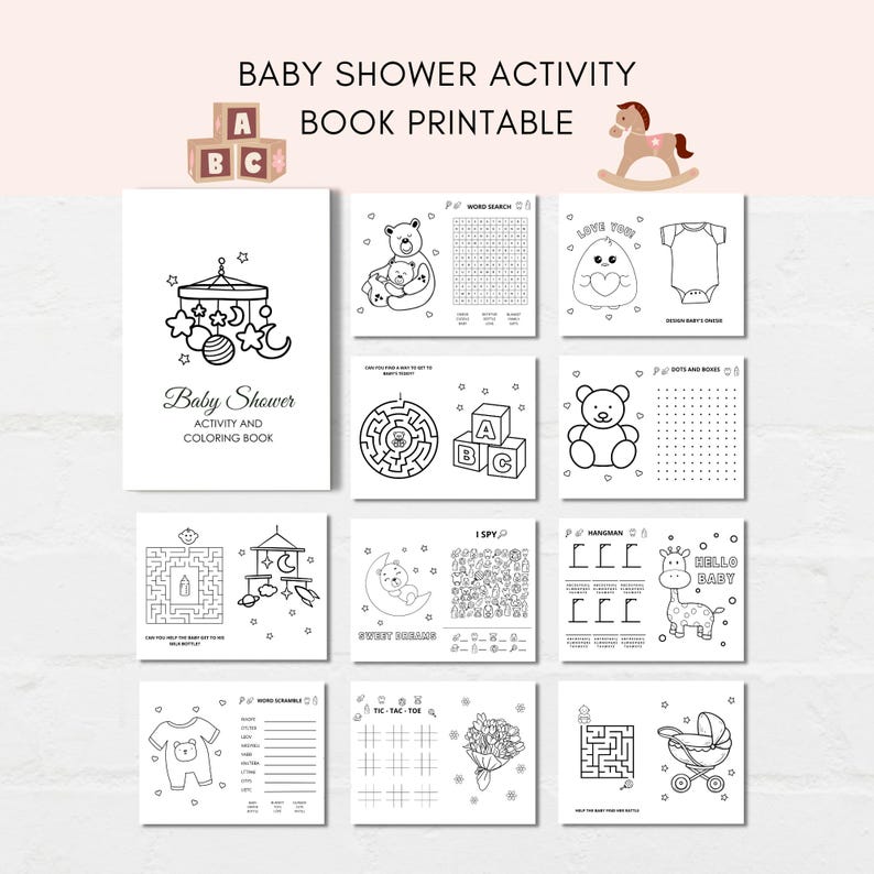 Keep the kids entertained at baby shower with this baby shower activity book! This pack includes 10 fun and engaging games as well as 10 beautiful coloring sheets featuring baby shower-themed designs.
