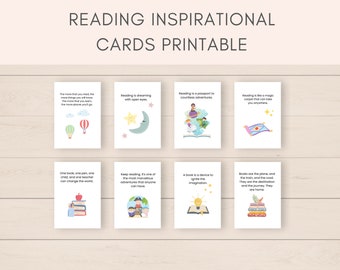 Puede incluir: Ocho tarjetas imprimibles con ilustraciones coloridas y citas inspiradoras sobre la lectura. Las tarjetas presentan imágenes de globos aerostáticos, una luna creciente, un globo terráqueo, una alfombra mágica, una pila de libros, un grupo de niños leyendo, una bombilla y una pila de libros con una planta.